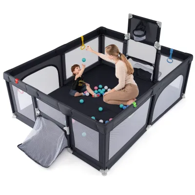 Parc de jeu pliable gris avec balles et panier