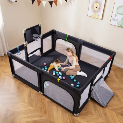 Parc de jeu pliable gris avec balles et panier – image 2